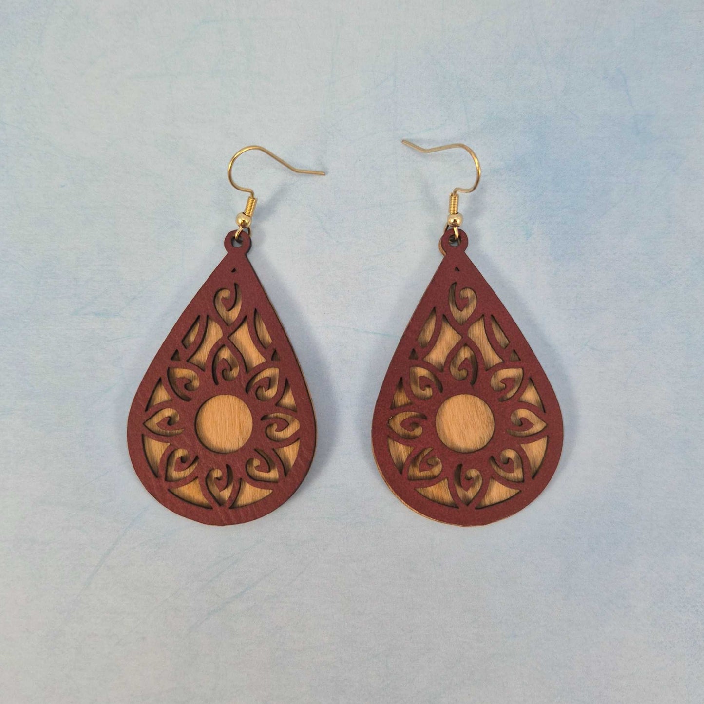 Mandala Maroon Leatherette and Cherry Wood Veneer Teardrop Earrings