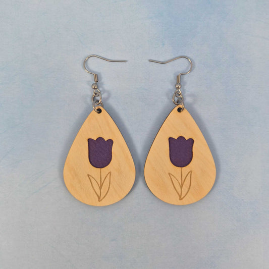 Tulip Flower Maple Wood Veneer & Purple Leatherette Earrings