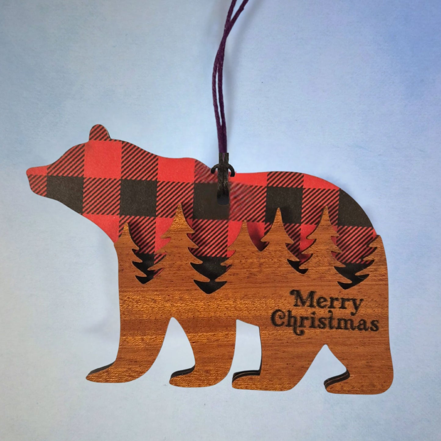 Bear Ornament - Black / Red Buffalo Plaid Layered Wood
