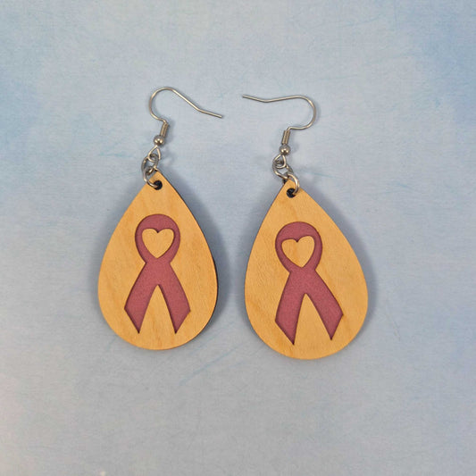 Breast Cancer Survivor Cherry Wood Veneer & Pink Leatherette Earrings