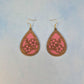 Wood Veneer & Pink Leatherette Floral Teardrop Earrings
