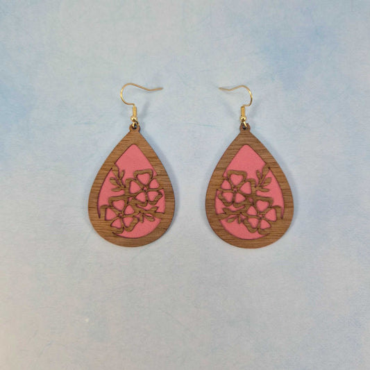 Wood Veneer & Pink Leatherette Floral Teardrop Earrings