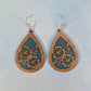 Wood Veneer & Blue Leatherette Floral Teardrop Earrings