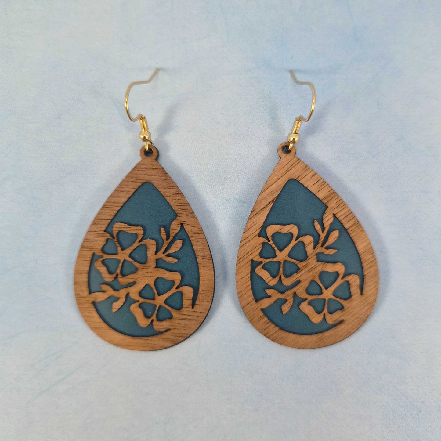 Wood Veneer & Blue Leatherette Floral Teardrop Earrings