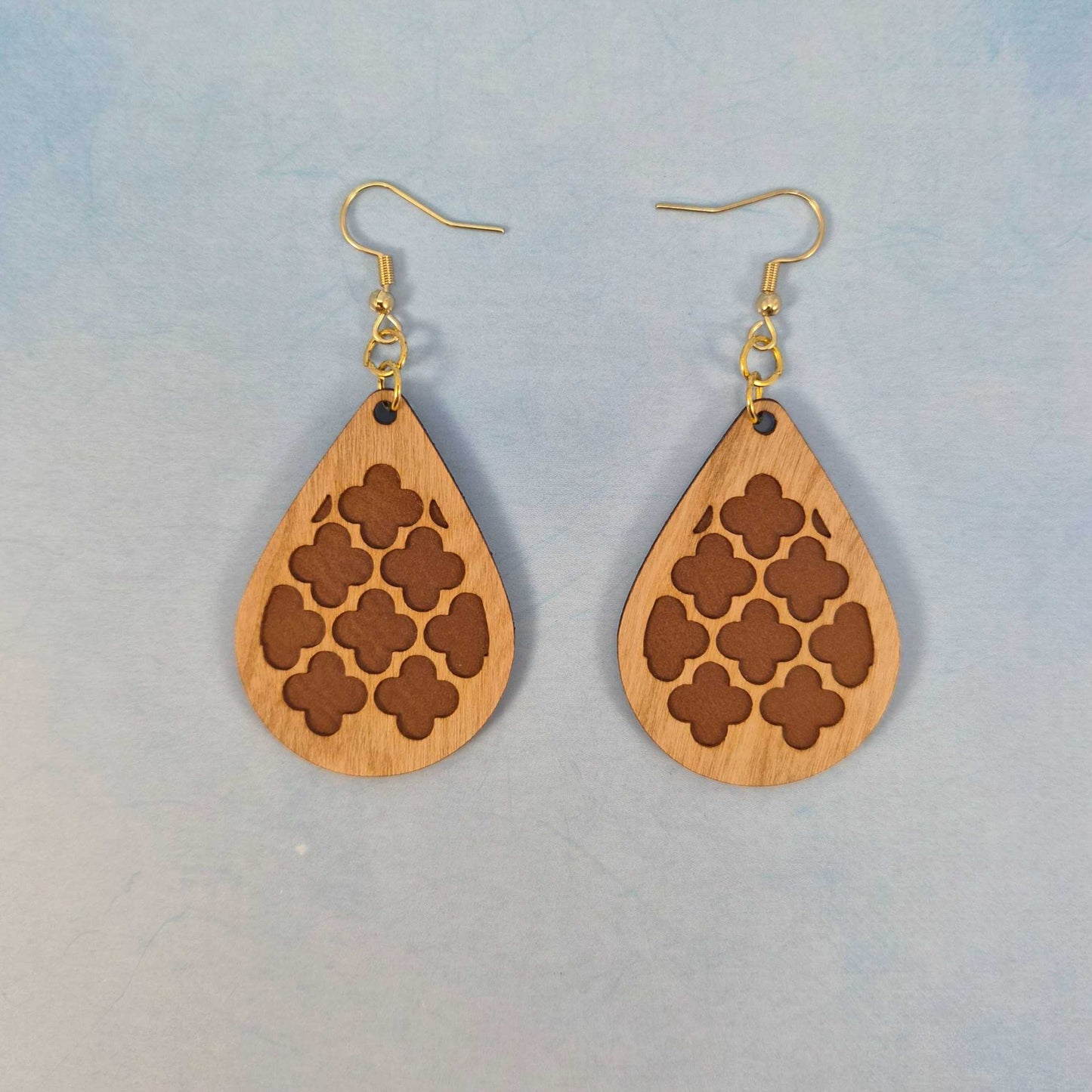 Geometric Cherry Wood Veneer & Brown Leatherette Earrings - Club Design