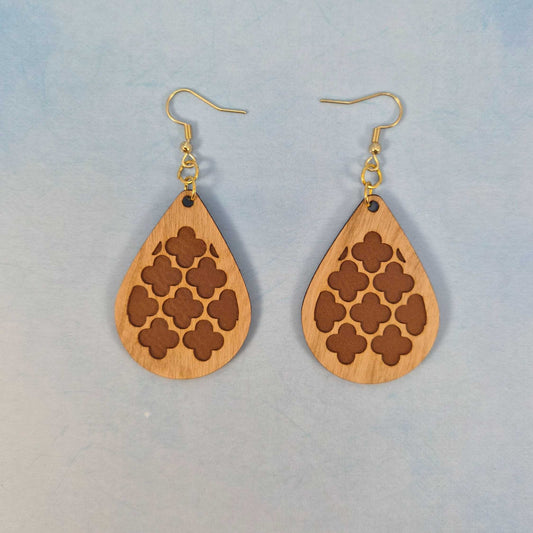 Geometric Cherry Wood Veneer & Brown Leatherette Earrings - Club Design