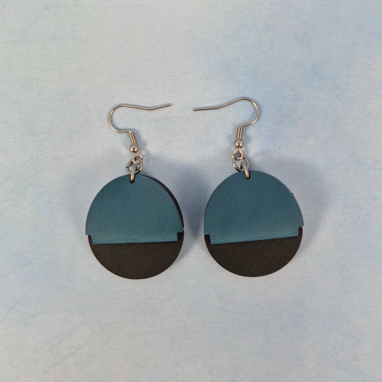 Round Solid Black Painted Wood and Blue Leatherette Dangle Earring