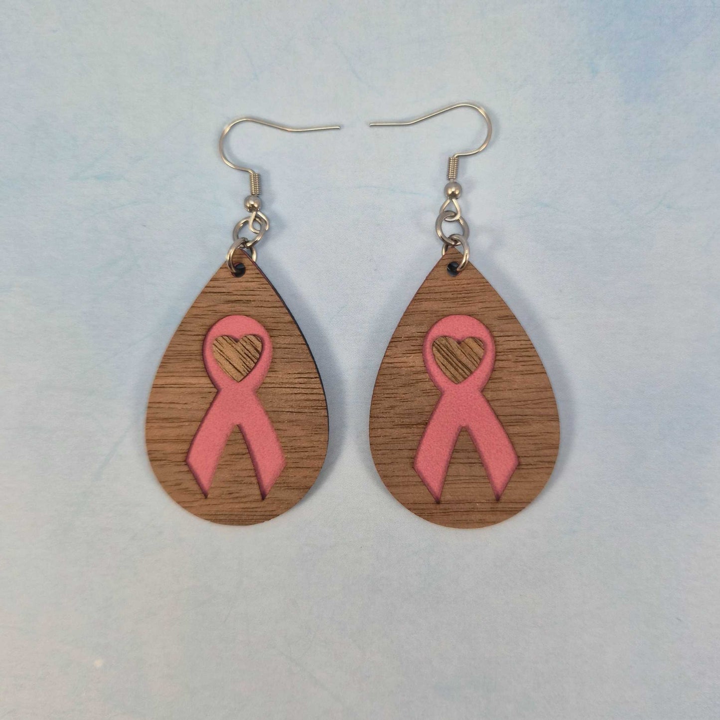 Breast Cancer Survivor Walnut Wood Veneer & Pink Leatherette Earrings