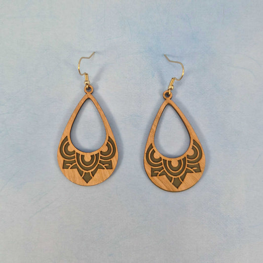 Mandala Cutout Light Wood Veneer & Olive Green Leatherette Earrings