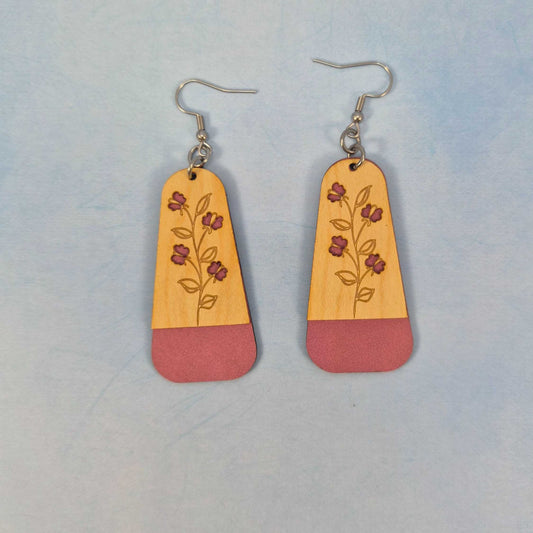 Pink Floral Light Wood Veneer & Leatherette Dangle Earring