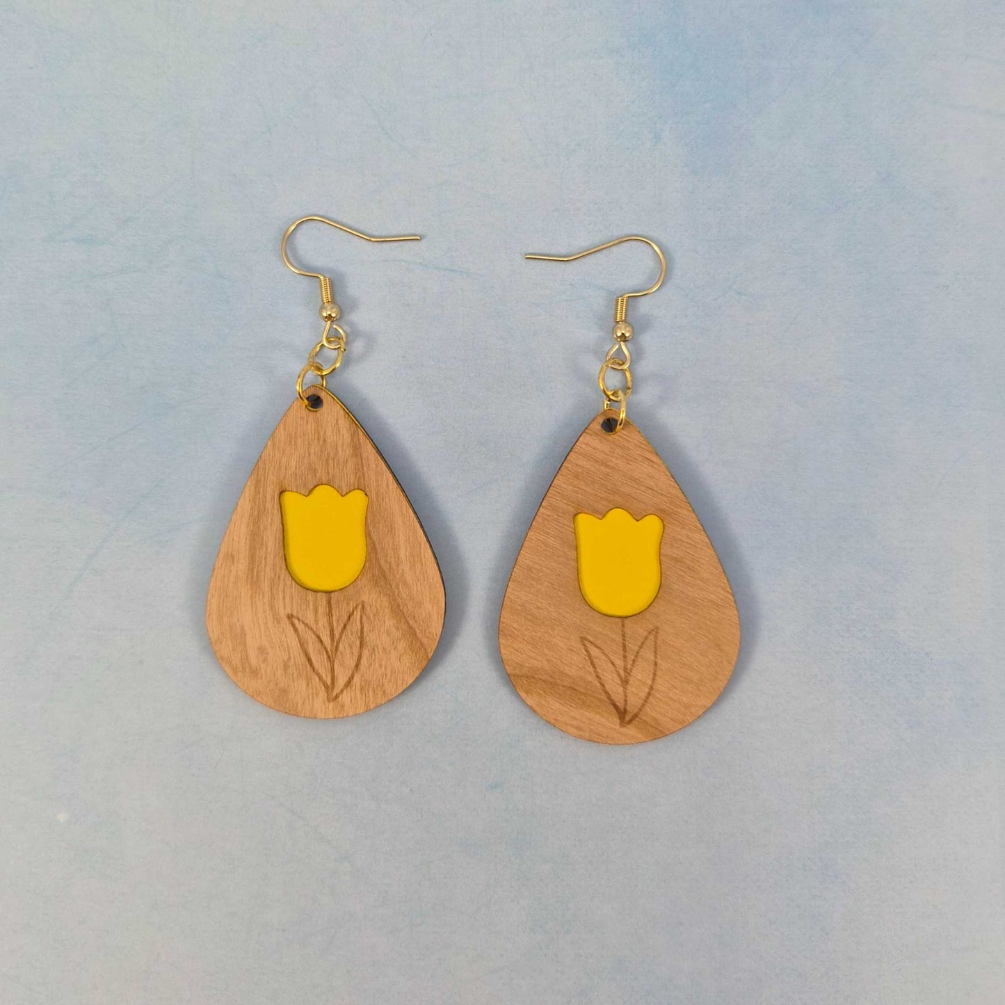 Tulip Flower Cherry Wood Veneer & Yellow Leatherette Earrings