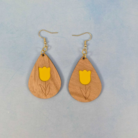 Tulip Flower Cherry Wood Veneer & Yellow Leatherette Earrings