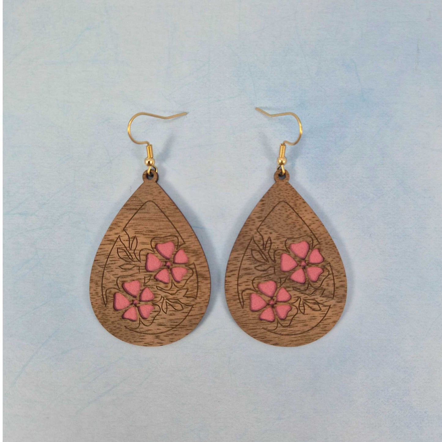 Engraved Wood Veneer & Pink Leatherette Floral Teardrop Earrings