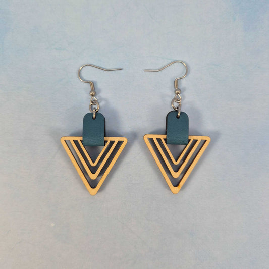 Light Wood Triangle and Blue Leatherette Dangle Earring