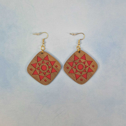 Aztec Geometric Wood Veneer & Red Leatherette Square Earrings
