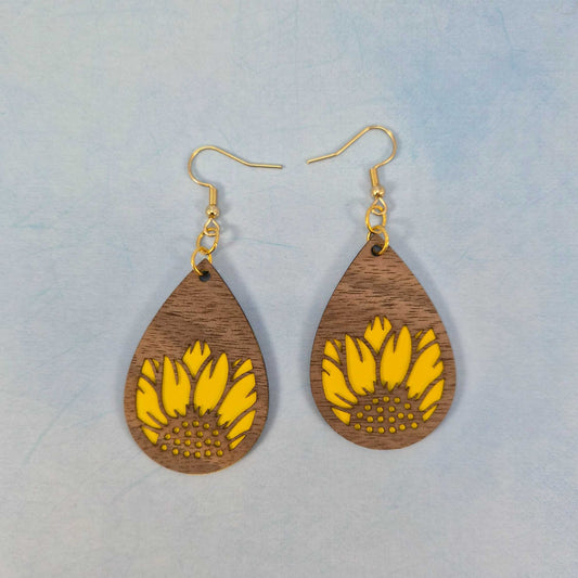Sunflower Wood Veneer & Yellow Leatherette Dangle Earrings - Detailed Partial Front View