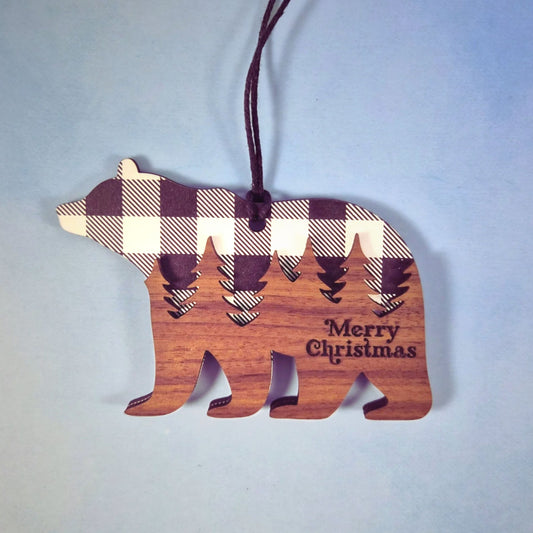 Bear Ornament - Black / White Buffalo Plaid Layered Wood