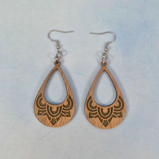 Mandala Cutout Walnut Wood Veneer & Olive Green Leatherette Earrings