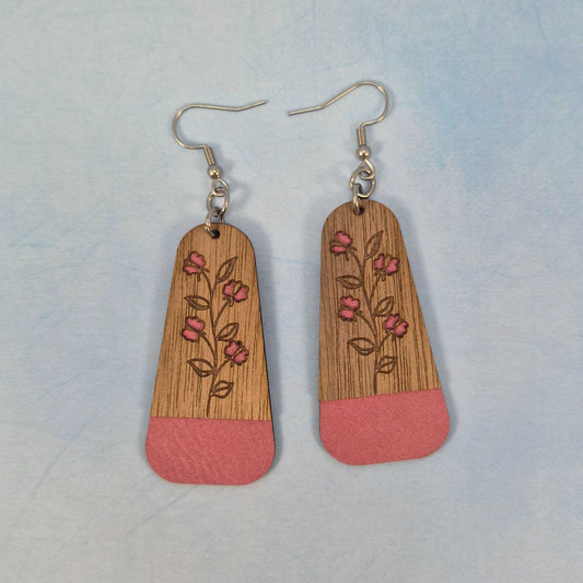 Pink Floral Dark Wood Veneer & Leatherette Dangle Earring