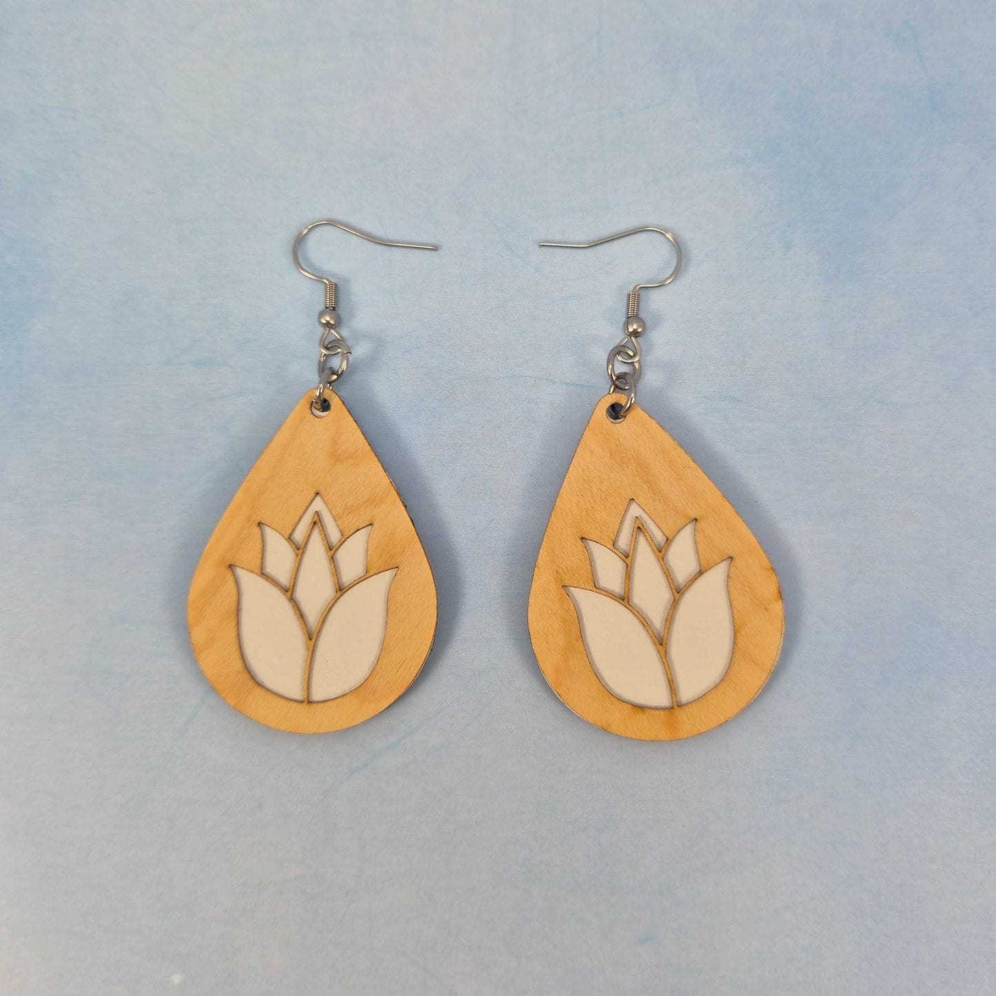 Lotus Flower Maple Wood Veneer & White Leatherette Earrings