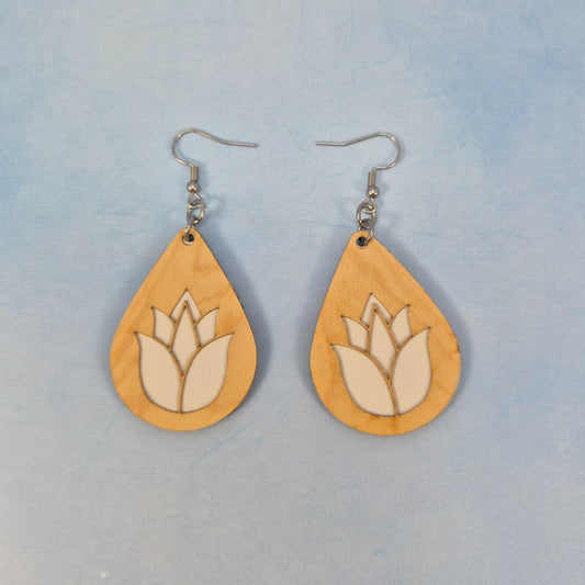 Lotus Flower Maple Wood Veneer & White Leatherette Earrings