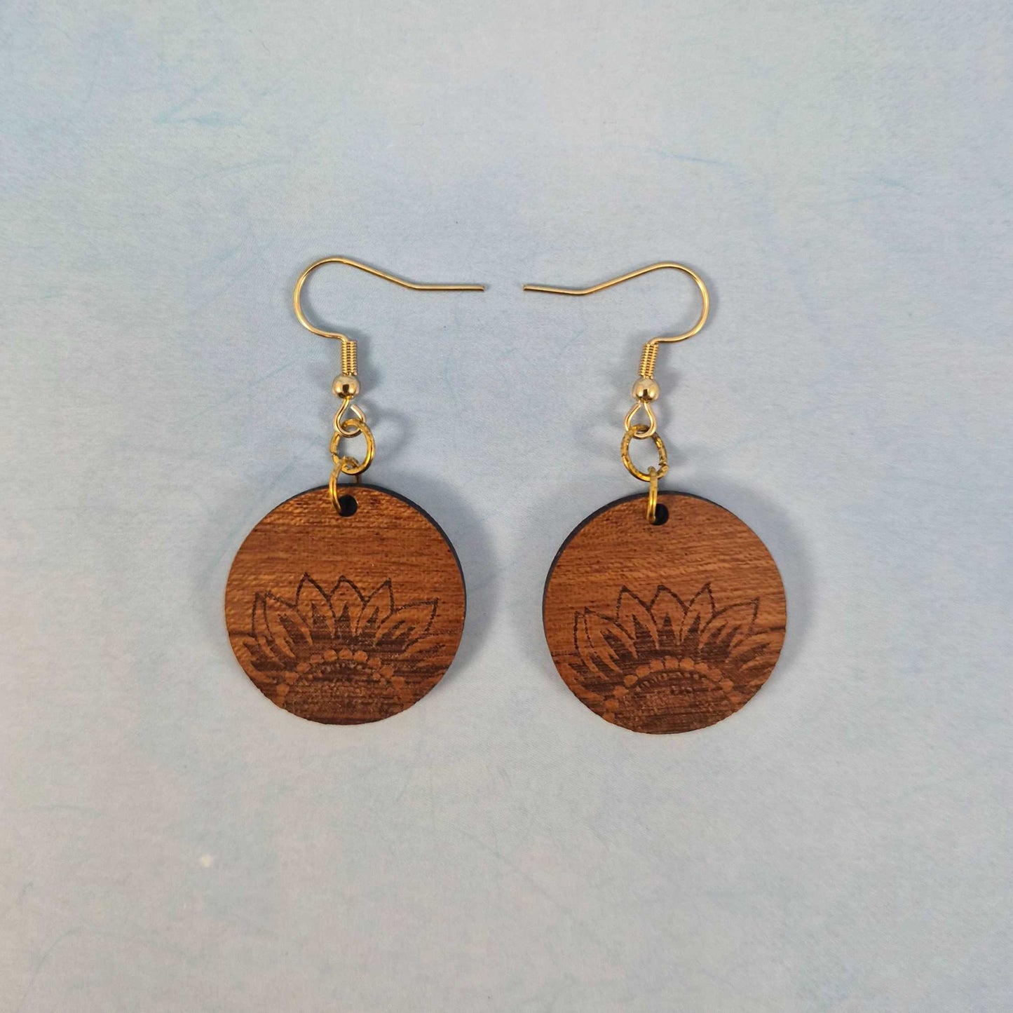 Small Round Sunflower Engraved Wood Earrings