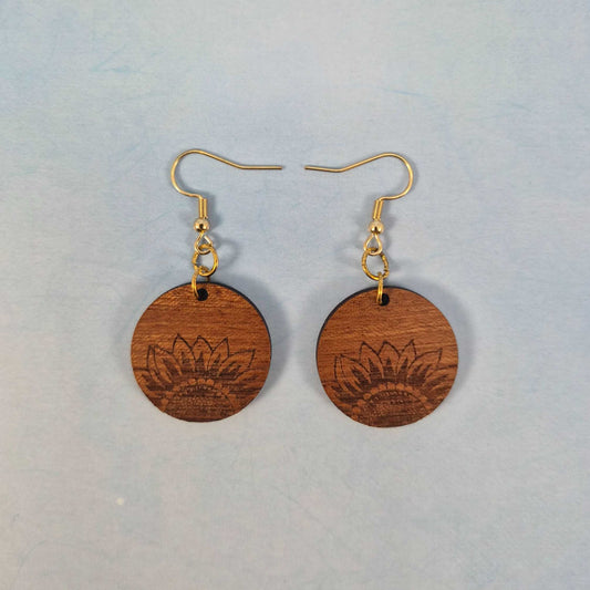 Small Round Sunflower Engraved Wood Earrings