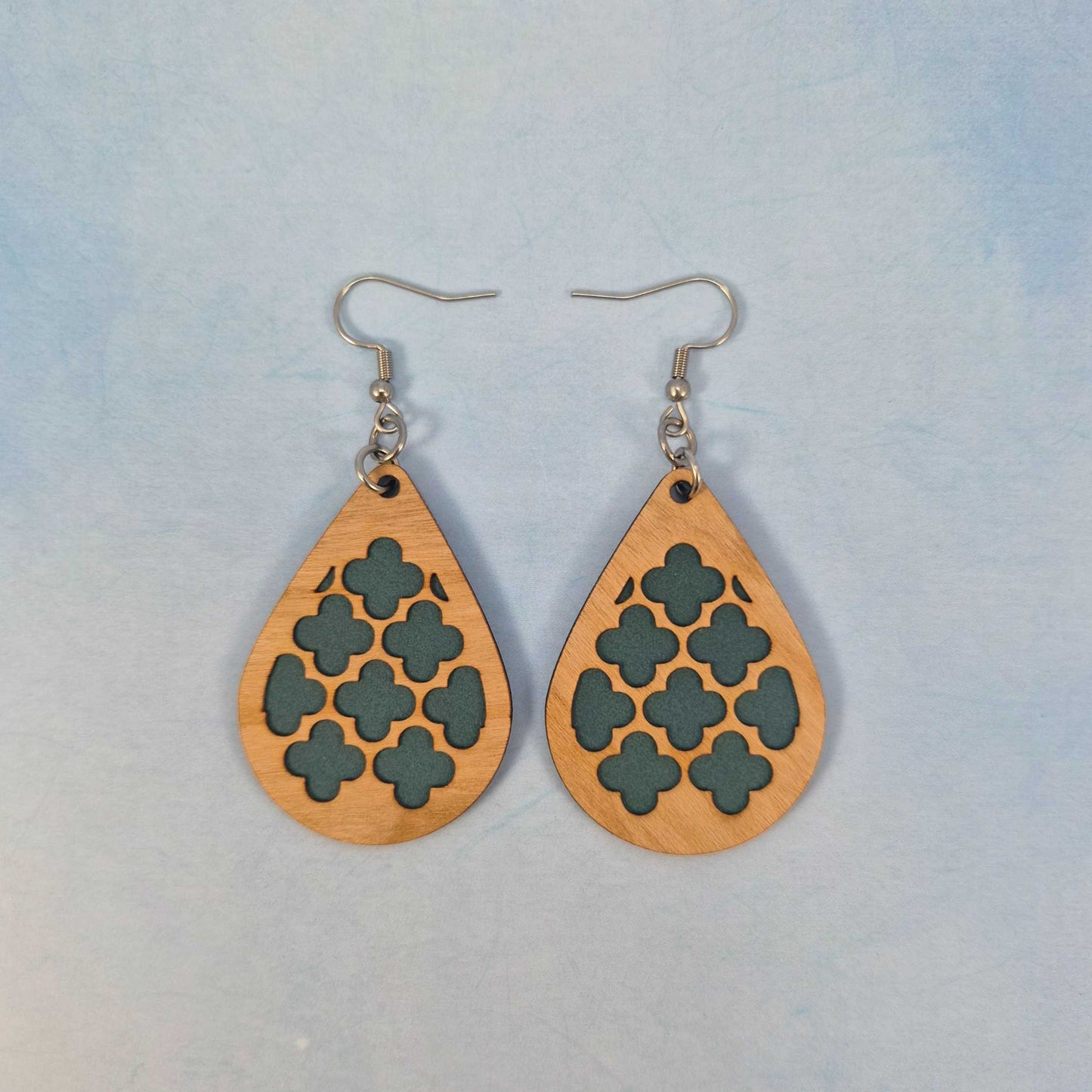 Geometric Wood Veneer & Blue Leatherette Earrings - Club Design