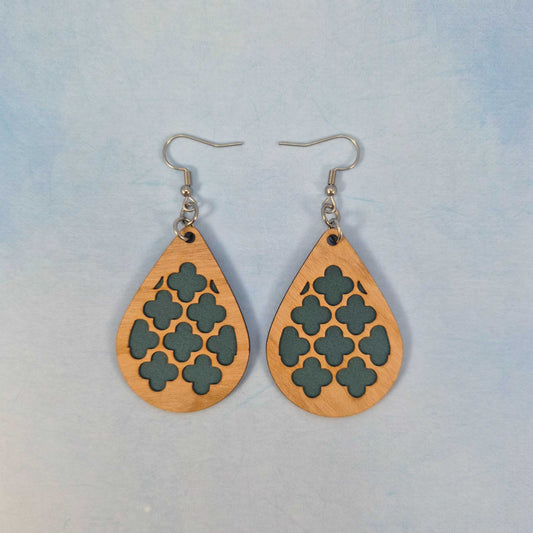 Geometric Wood Veneer & Blue Leatherette Earrings - Club Design