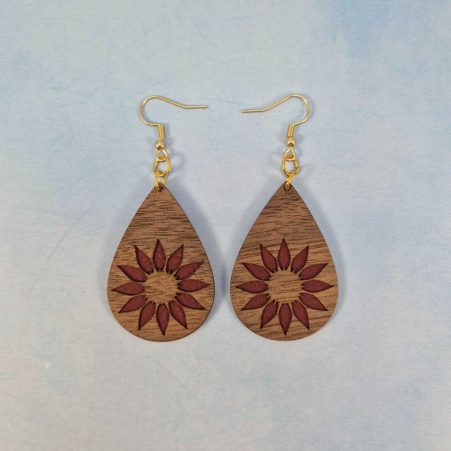 Sunflower Wood and Maroon Leatherette Dangle Earrings - Simple Front View