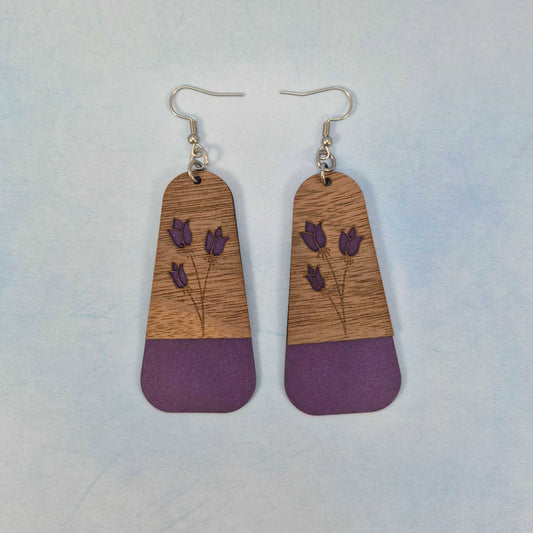 Large Purple Floral Dark Wood Veneer & Leatherette Dangle Earring