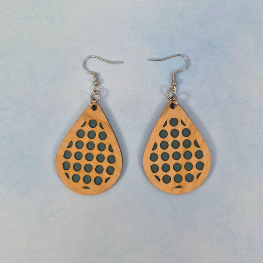 Geometric Wood Veneer & Blue Leatherette Earrings - Circle Design