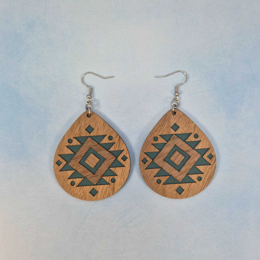 Aztec Geometric Wood Veneer & Blue Leatherette Teardrop Earrings