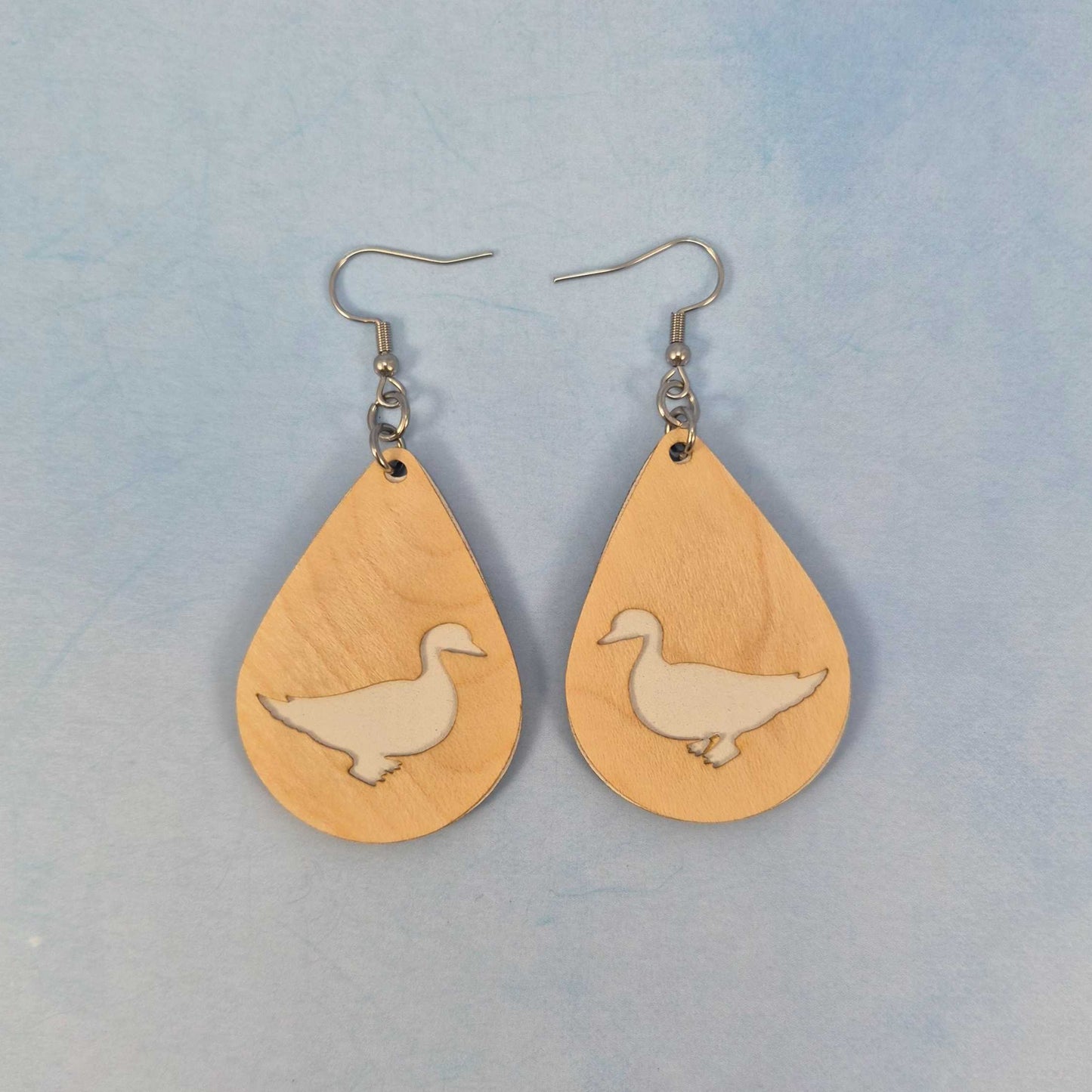 Duck Maple Wood Veneer & White Leatherette Earrings