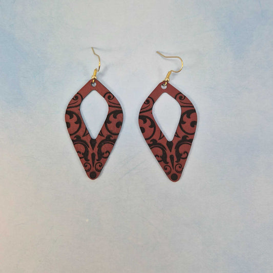 Maroon and Black Leatherette Dangle Earrings