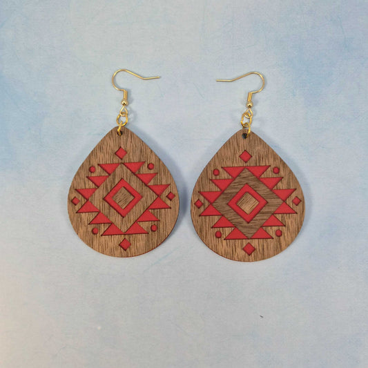 Aztec Geometric Wood Veneer & Red Leatherette Teardrop Earrings