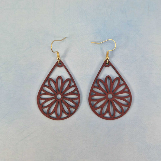 Maroon Daisy Flower Leatherette Teardrop Earrings
