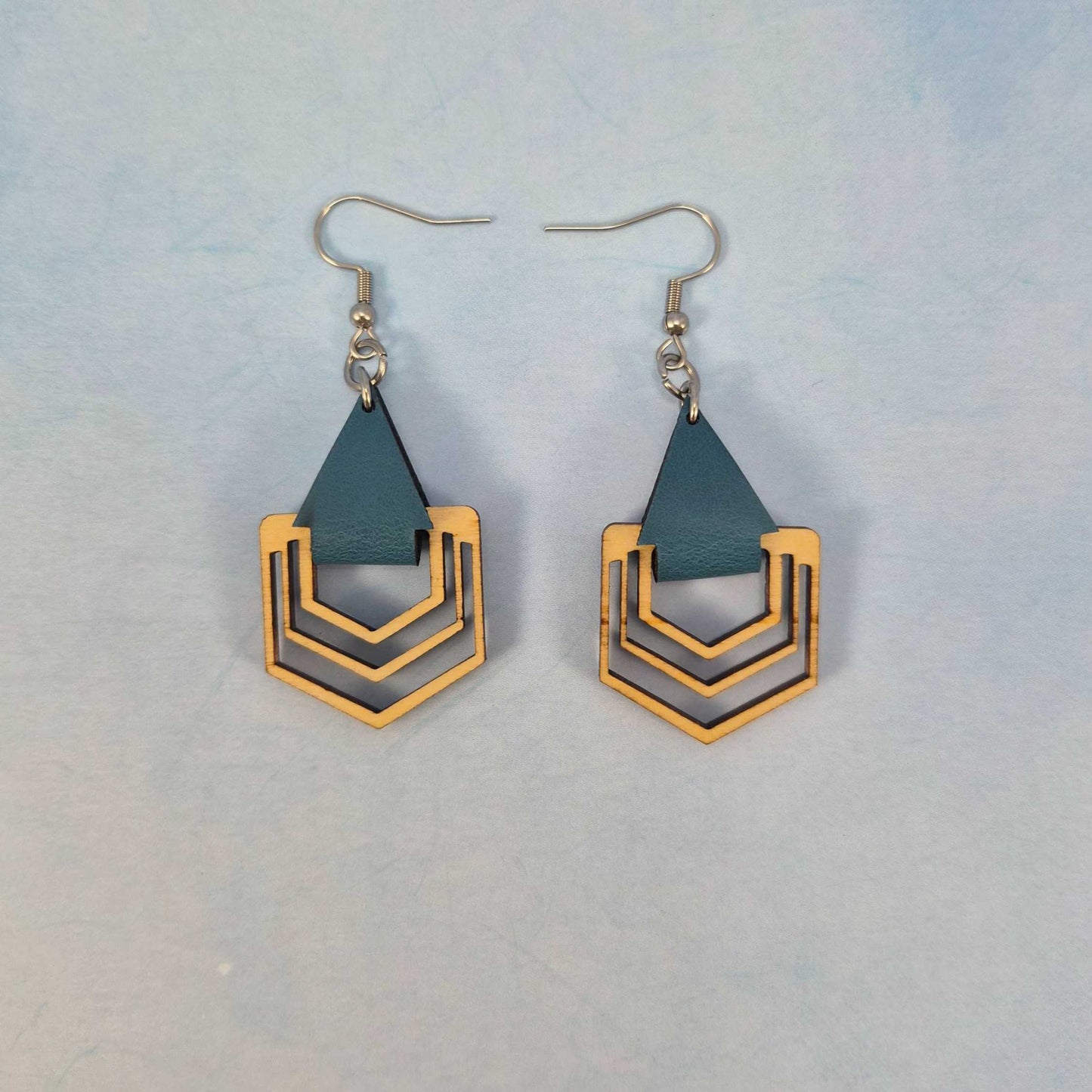 Light Wood Polygon and Blue Leatherette Dangle Earrings