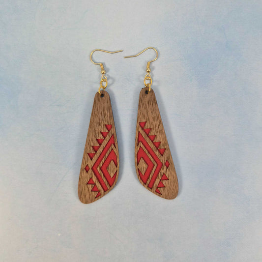 Aztec Geometric Wood Veneer & Red Leatherette Triangle Oblong Earrings