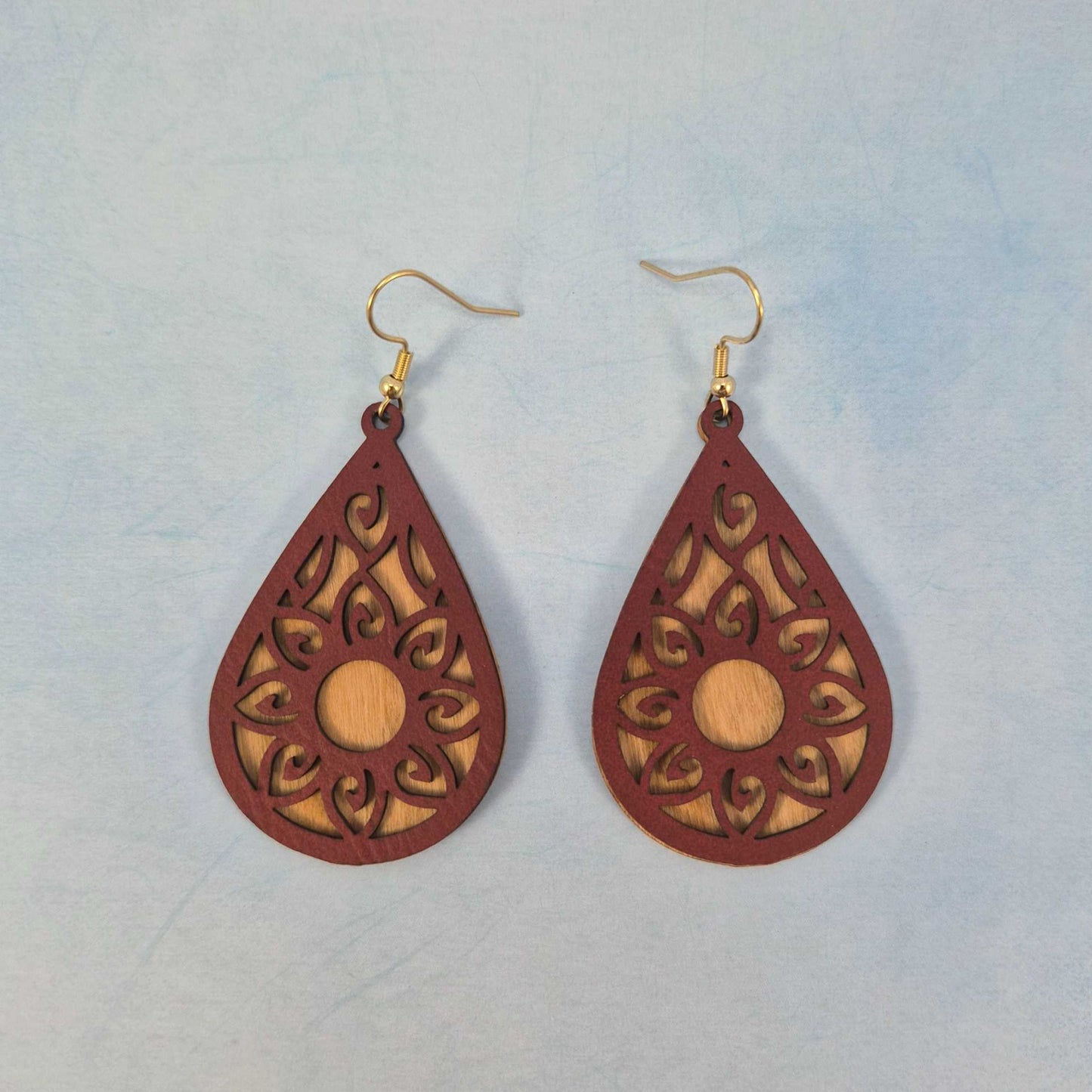Mandala Dark Brown Leatherette Cherry Wood Veneer Teardrop Earrings