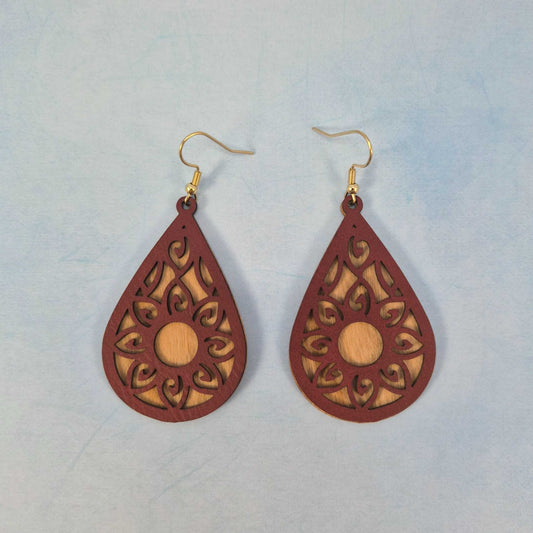 Mandala Dark Brown Leatherette Cherry Wood Veneer Teardrop Earrings