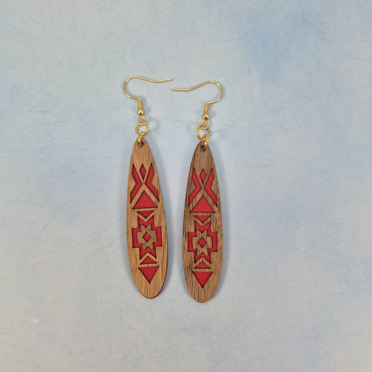 Aztec Geometric Wood Veneer & Red Leatherette Oblong Earrings