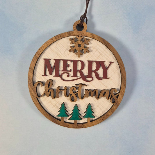Merry Christmas Round Wood Ornament