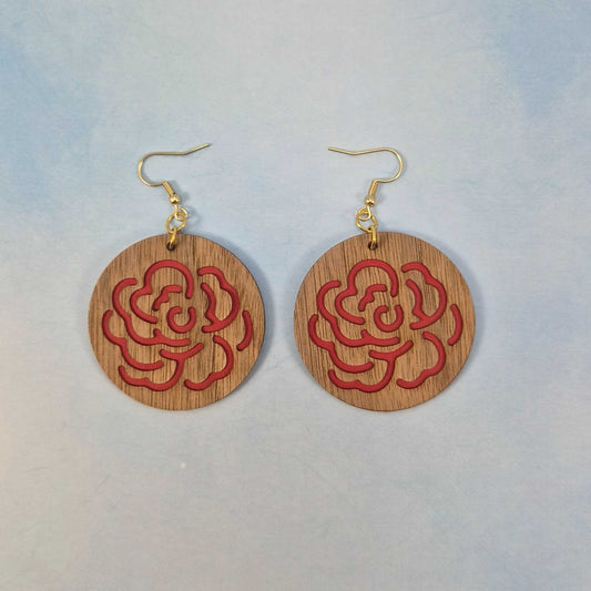 Minimalist Wood Veneer & Red Leatherette Round Earrings