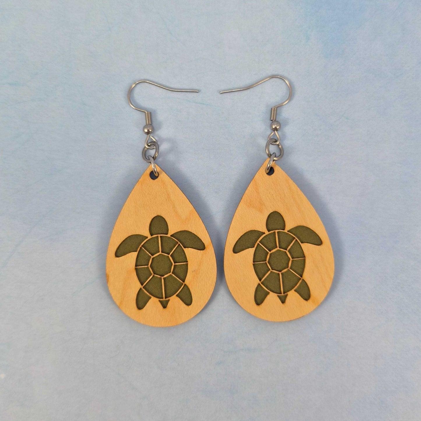 Sea Turtle Top View Maple Wood Veneer & Olive Green Leatherette Earrings