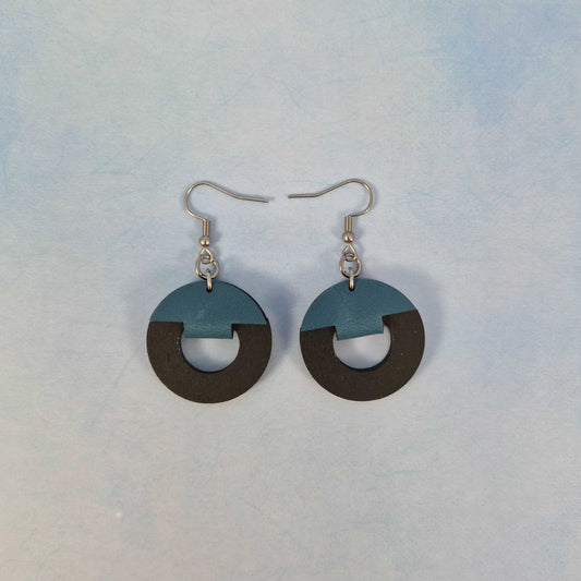 Round Circle Cutout Black Painted Wood and Blue Leatherette Dangle Earring
