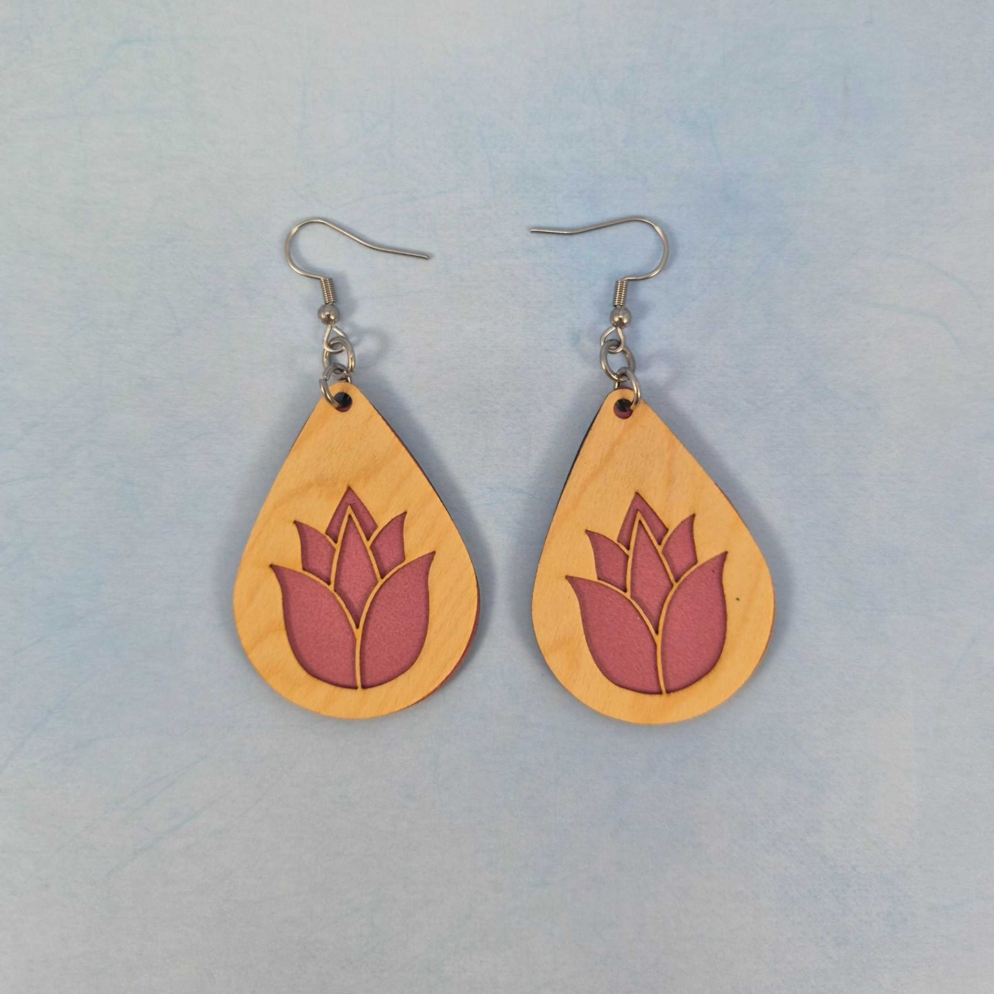 Lotus Flower Maple Wood Veneer & Pink Leatherette Earrings