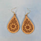 Mandala Cherry Wood Veneer and Brown Leatherette Teardrop Earrings