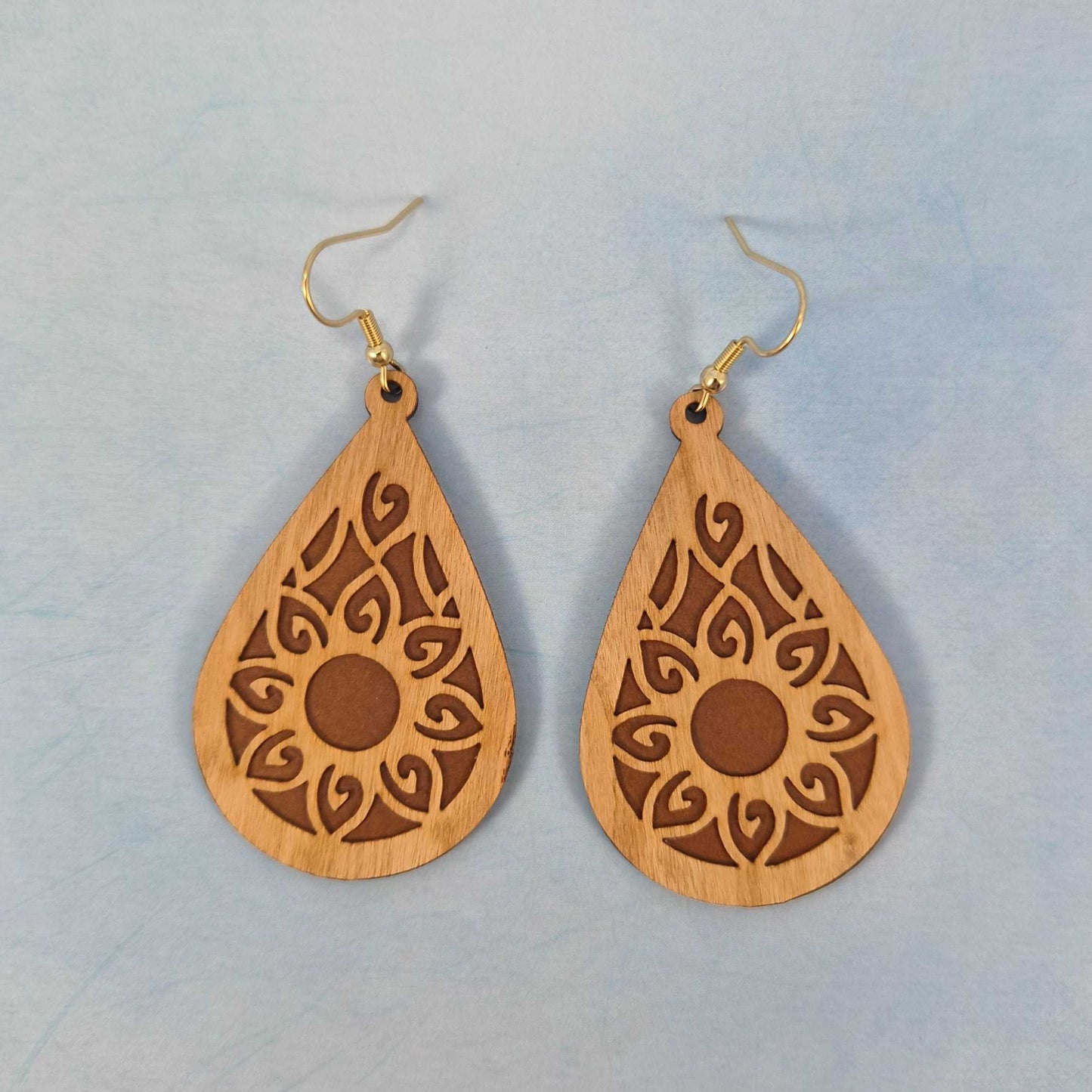 Mandala Cherry Wood Veneer and Brown Leatherette Teardrop Earrings