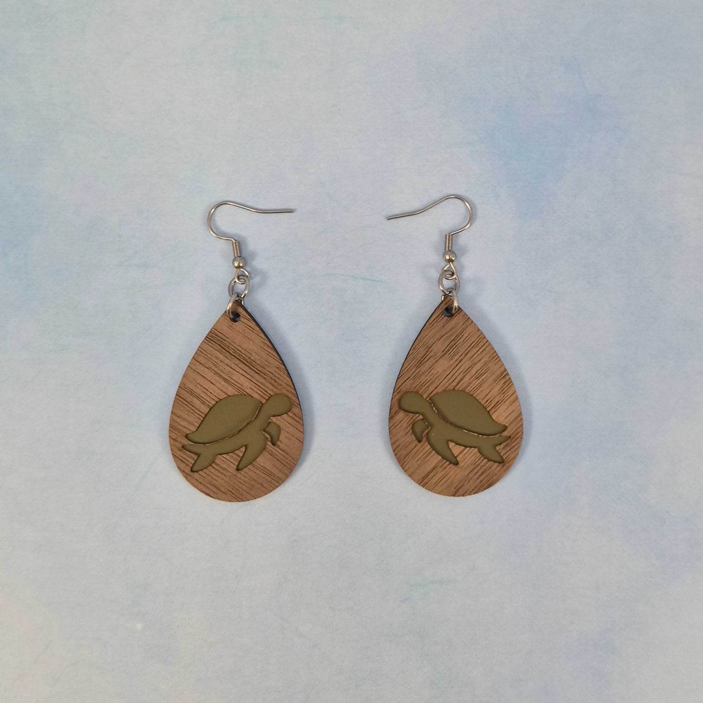 Turtle Side View Walnut Wood Veneer & Olive Green Leatherette Earrings